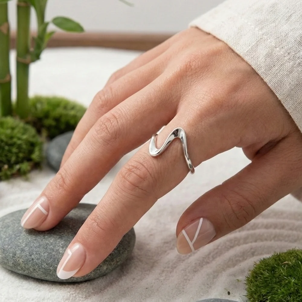 Silver Wave Ring 18K White Gold Plated Dainty Stylish Stainless Steel